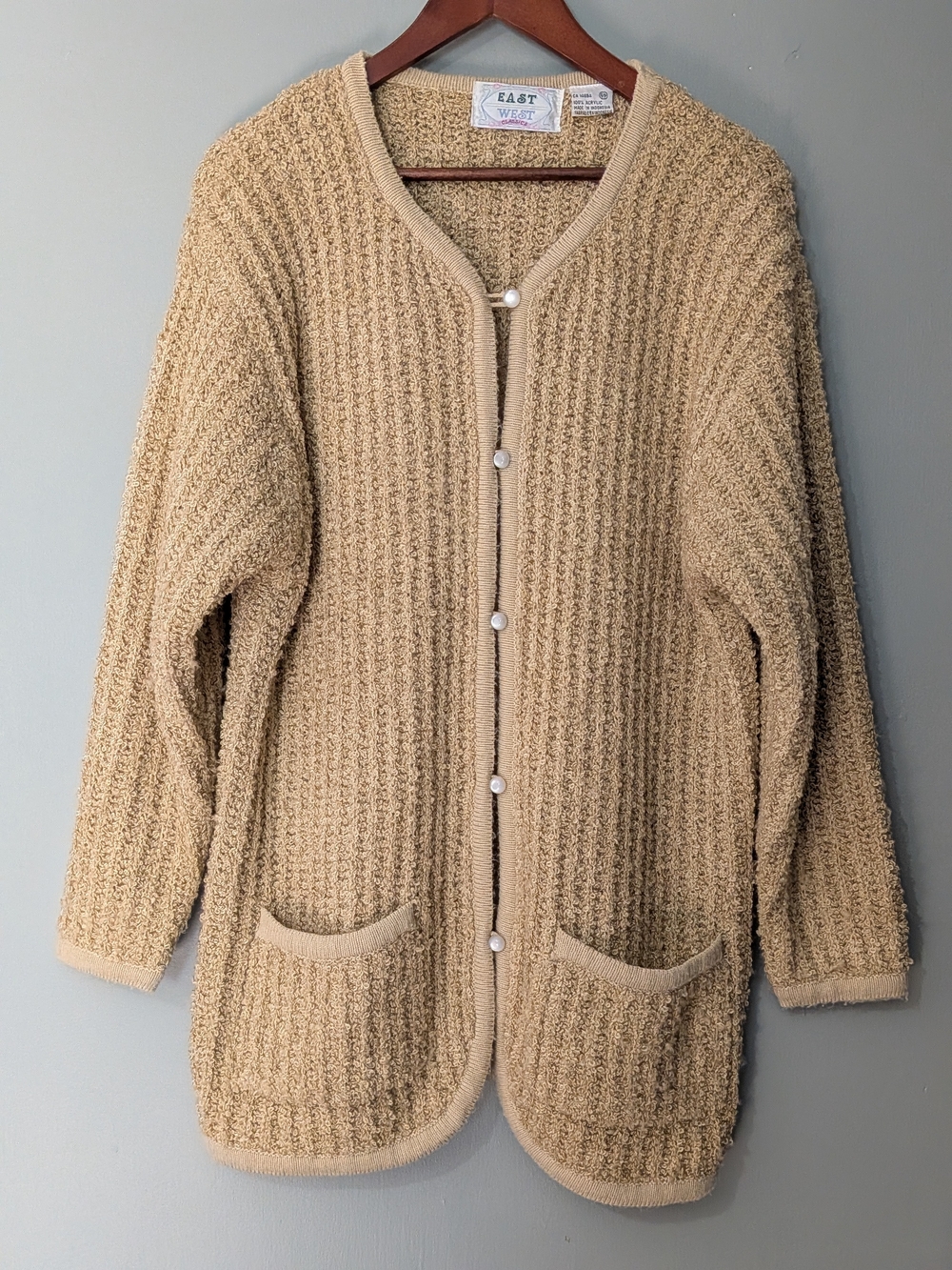 Vintage East West Women's Textured Button-Front Grandma Cardigan Cozy Minimalist